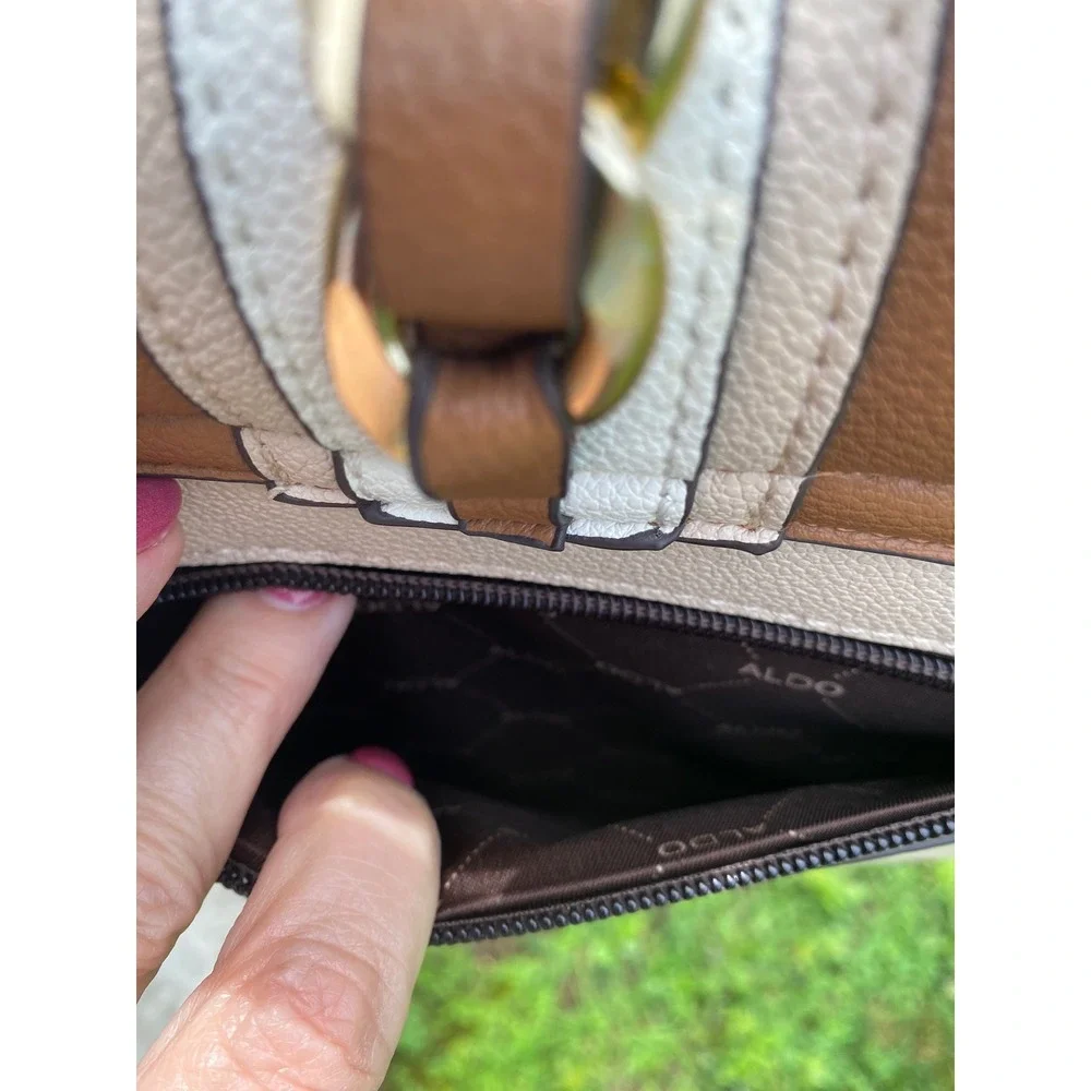 ALDO Colorblock Top Handle Satchel Tan Cream Scarf Accent Luxury‎ Handbag Style